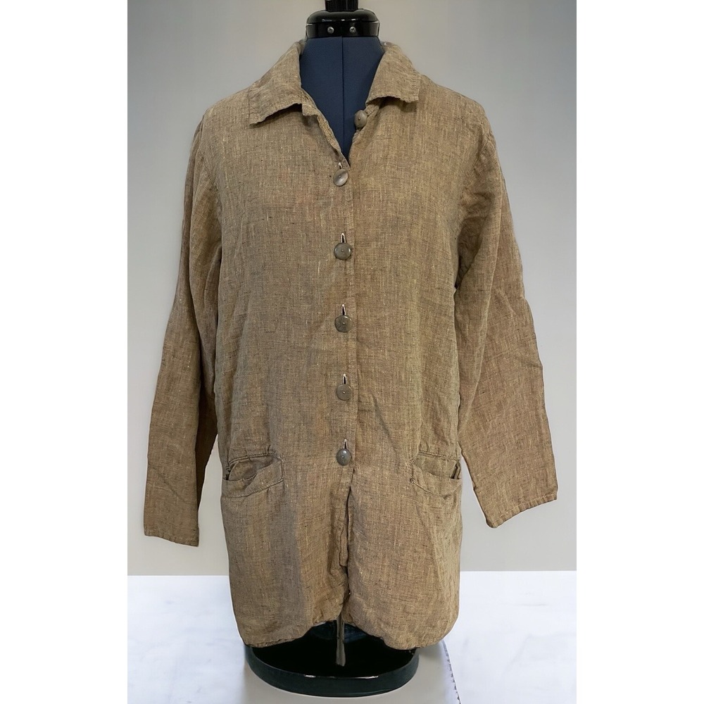 Flax Brown Linen Button Front Collared Tunic Shacket Oversized Lagenlook Boho P